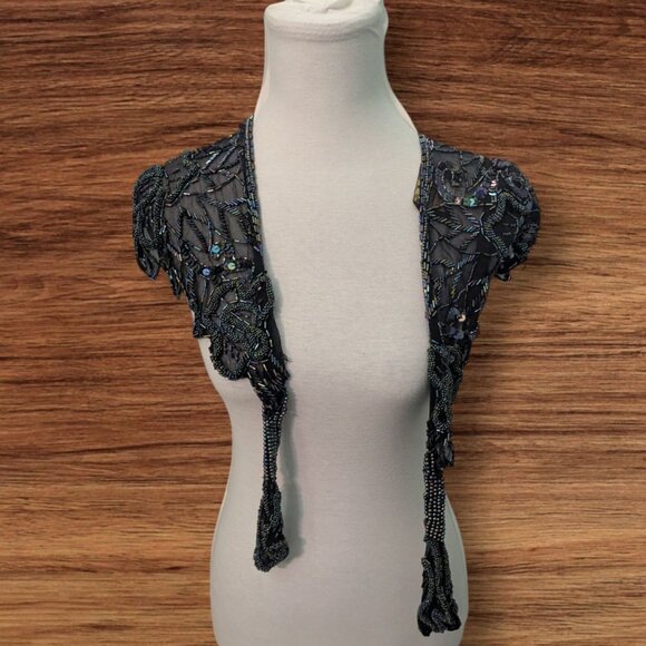 Vintage Intricate Beaded Sheer Bolero Shrug Interlude California Handmade Black - Picture 2 of 7